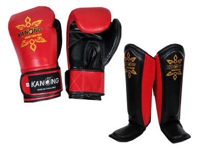 Guantoni + Paratibie Muay Thai Kanong (in vera pelle) : Rosso/Nero